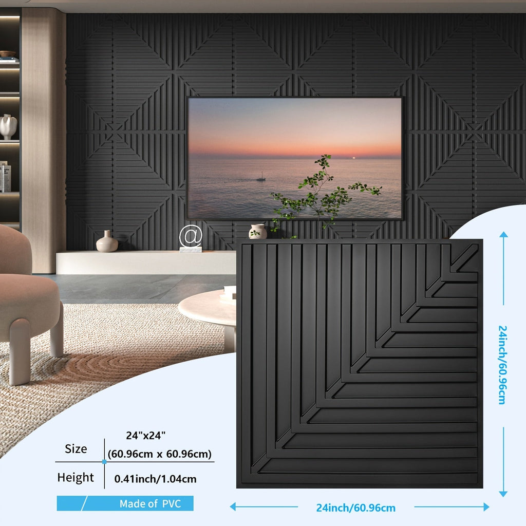 Drop Ceiling Tiles 24"x24" - 12-Pack PVC 3D Textured Panels, 48 Sq Ft, Fits 15/16" T-Bar Suspended Grid or Adhesive, Trimmable - Living Room, Bedroom, Office, Kitchen & Basement - Black
