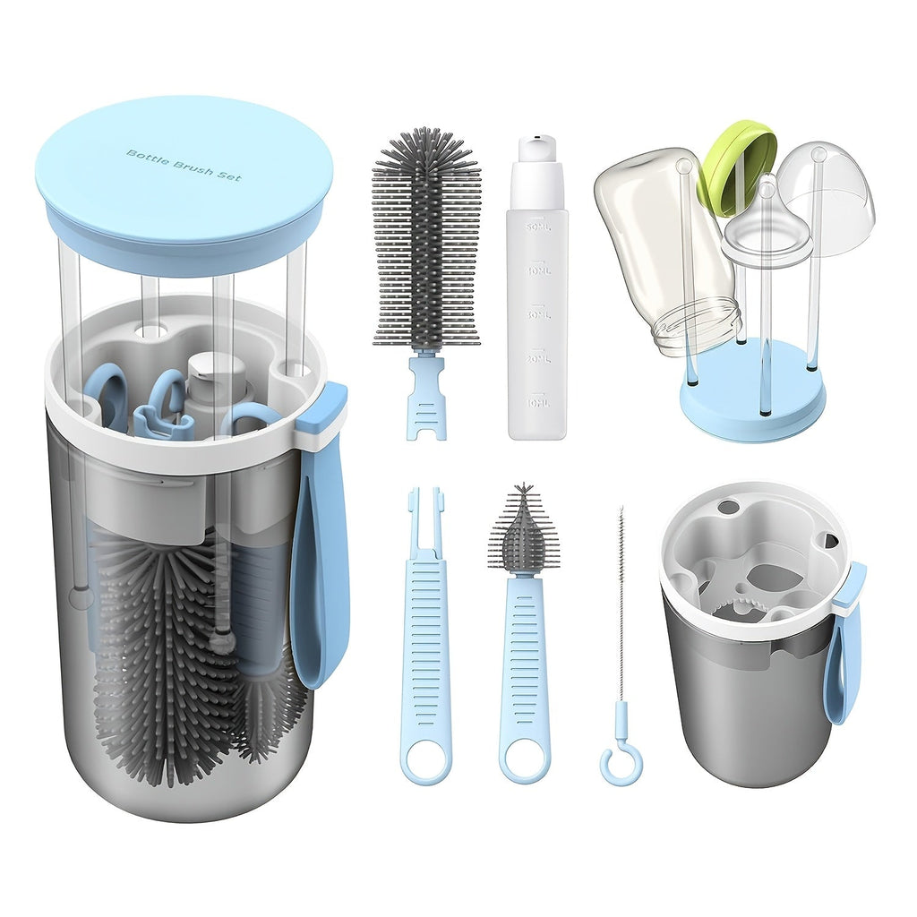 Travel Baby Bottle Brush Cleaning Set, Extendable Bottle Brush with Nipple Brush Straw Cleaner Built-In Drying Rack & Soap Dispenser, Portable Bottle Cleaning Kit for Home & Travel