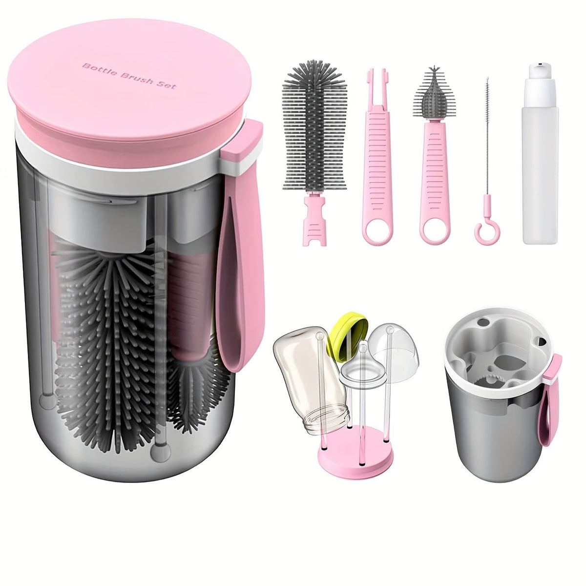 Travel Baby Bottle Brush Cleaning Set, Extendable Bottle Brush with Nipple Brush Straw Cleaner Built-In Drying Rack & Soap Dispenser, Portable Bottle Cleaning Kit for Home & Travel