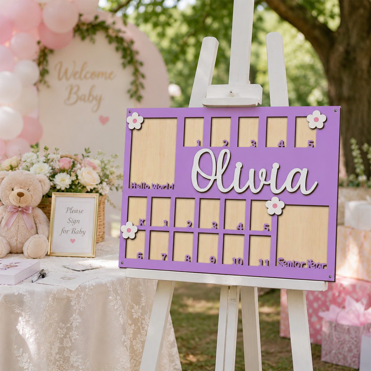 Personalized First Year Baby Growth Photo Frame, Custom Name Fresh Floral Mori Style Memory Frame, Baby Shower Party Decor Prop & Nursery Decoration, 6 Colors Blue Pink Khaki Purple Rose Red & Green