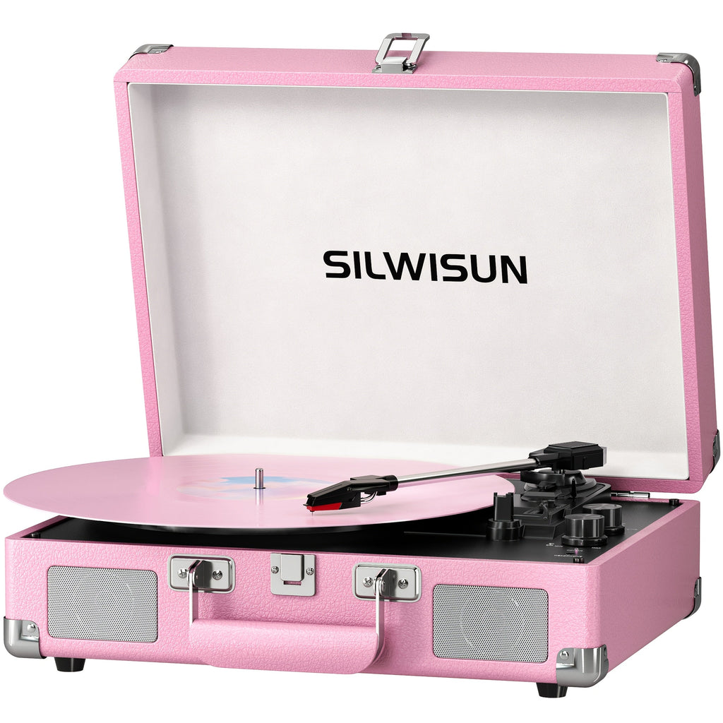 Portable Suitcase Vinyl Record Player – 3-Speed Turntable with Built-In Battery Wireless Speakers Headphone Jack AUX & RCA in Pink Green Brown
