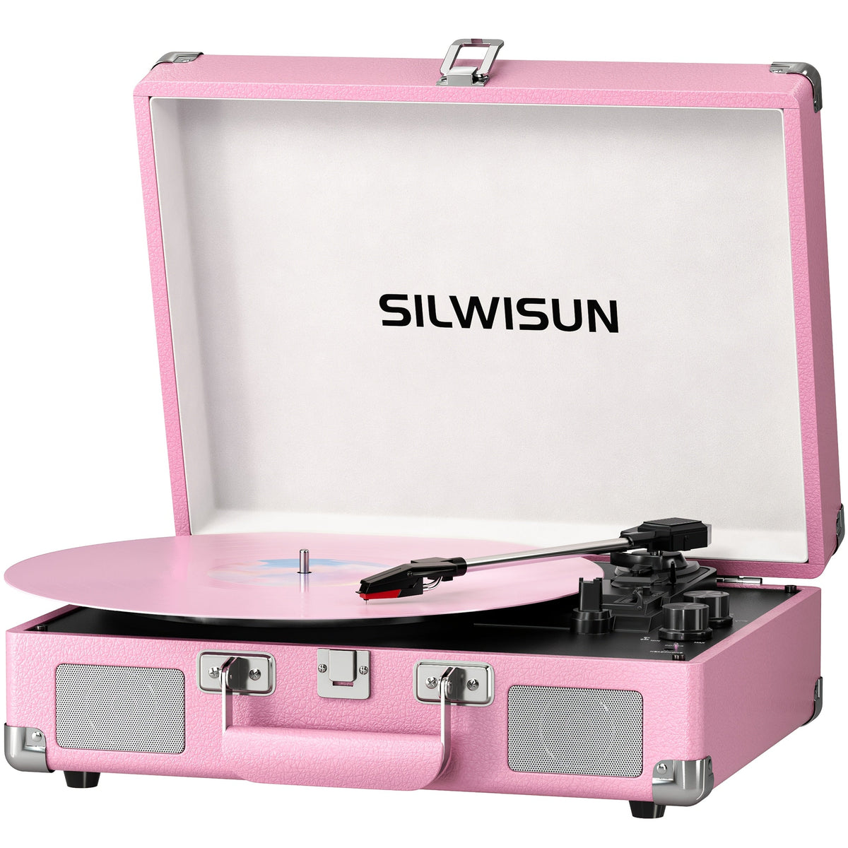 Portable Suitcase Vinyl Record Player – 3-Speed Turntable with Built-In Battery Wireless Speakers Headphone Jack AUX & RCA in Pink Green Brown