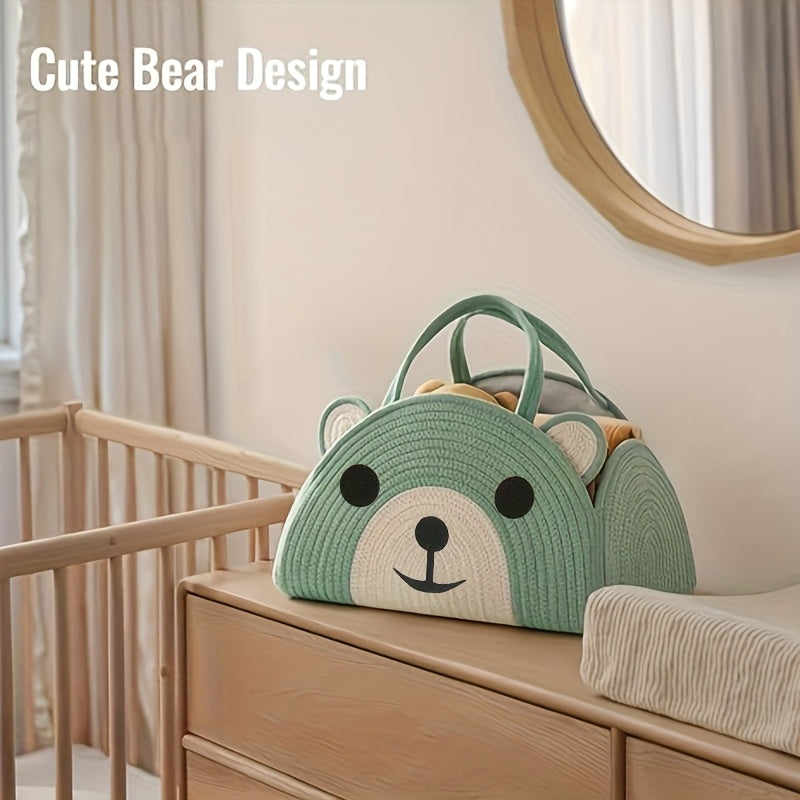 Rope Diaper Caddy Organizer Basket, Large Baby Storage Basket with Bear & Roman Pattern, Nursery Organizer & Changing Table Caddy, Gift for New Moms, Grey Brown Pink & Green