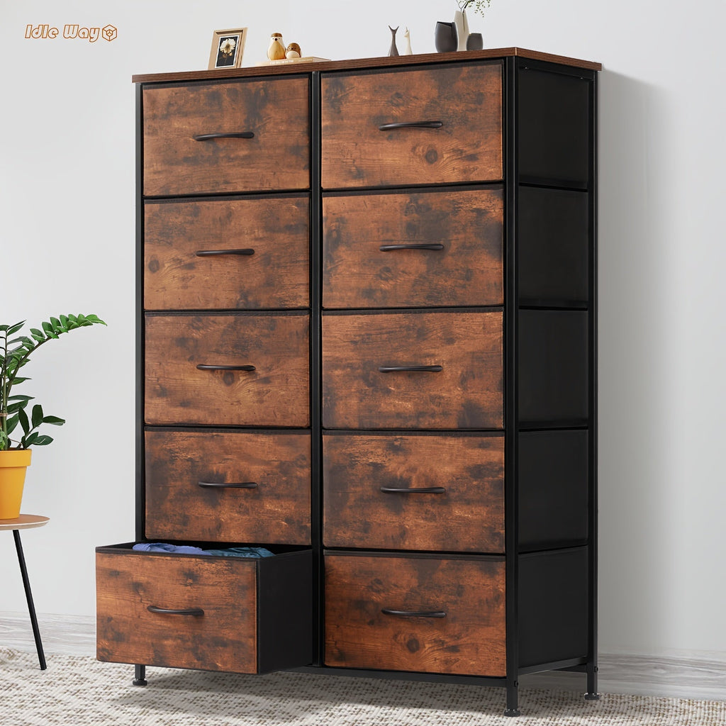 Idle Way 9 & 10-Drawer Bedroom Dresser with Metal Frame & Wood Tabletop, Fabric Closet Organizer Chest Storage Tower for Bedroom, Living Room & Entryway, Coal Black, Black & Grey