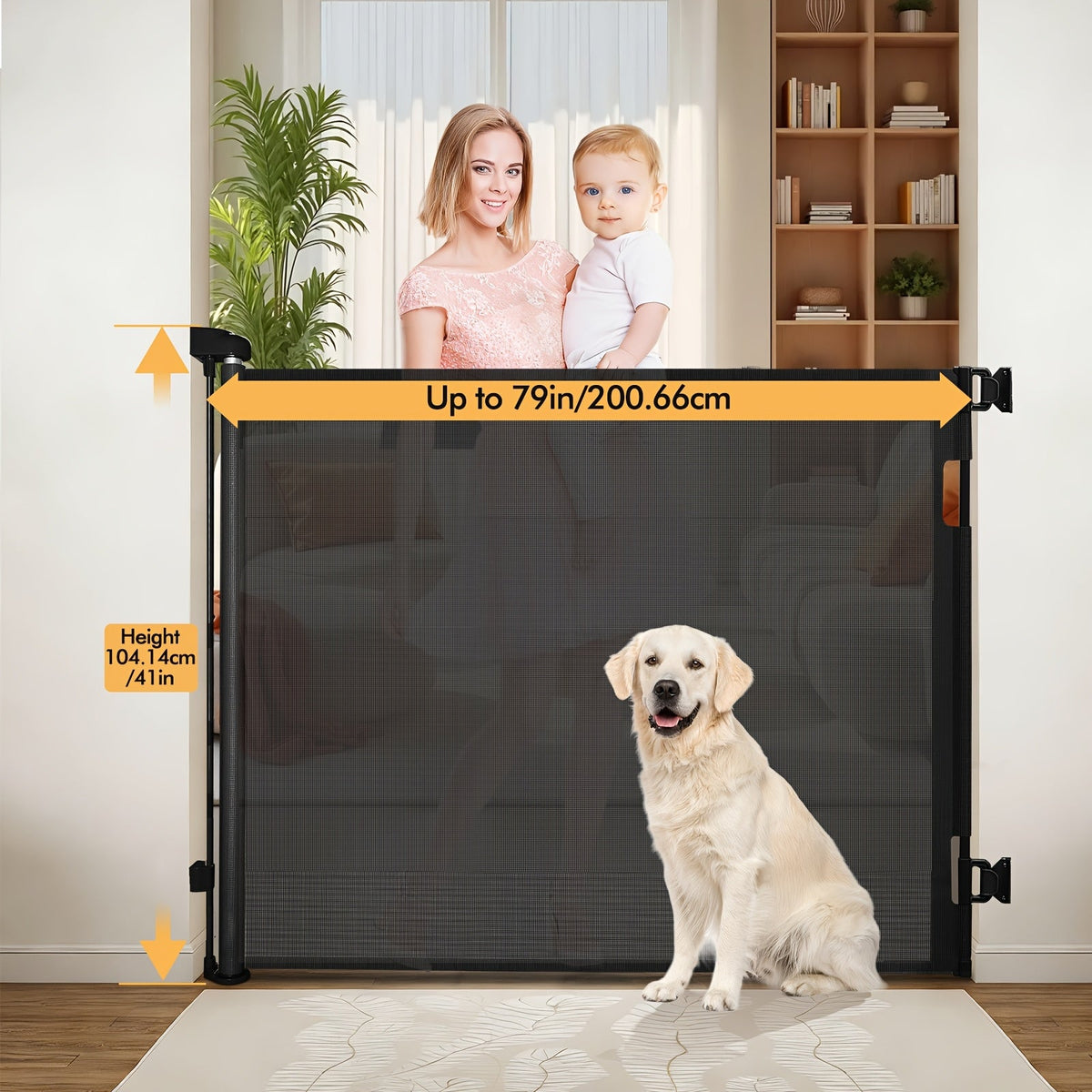VERASTE Retractable Mesh Safety Gate, 33"/41" Tall Baby & Pet Gate for Doorways, Stairs & Hallways, Indoor & Outdoor Use, Multiple Width Options, Black, White & Gray