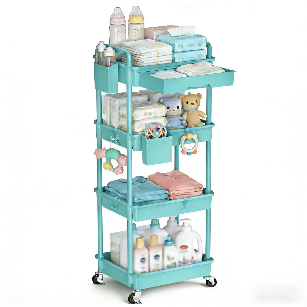 3-Tier & 4-Tier Mobile Nursery Storage Cart on Wheels, Space-Saving Rolling Organizer for Nursery & Baby Room Decor, Sturdy with Smooth Wheels, Baby Pink, Green, Blue, Purple, White, Black & Grey