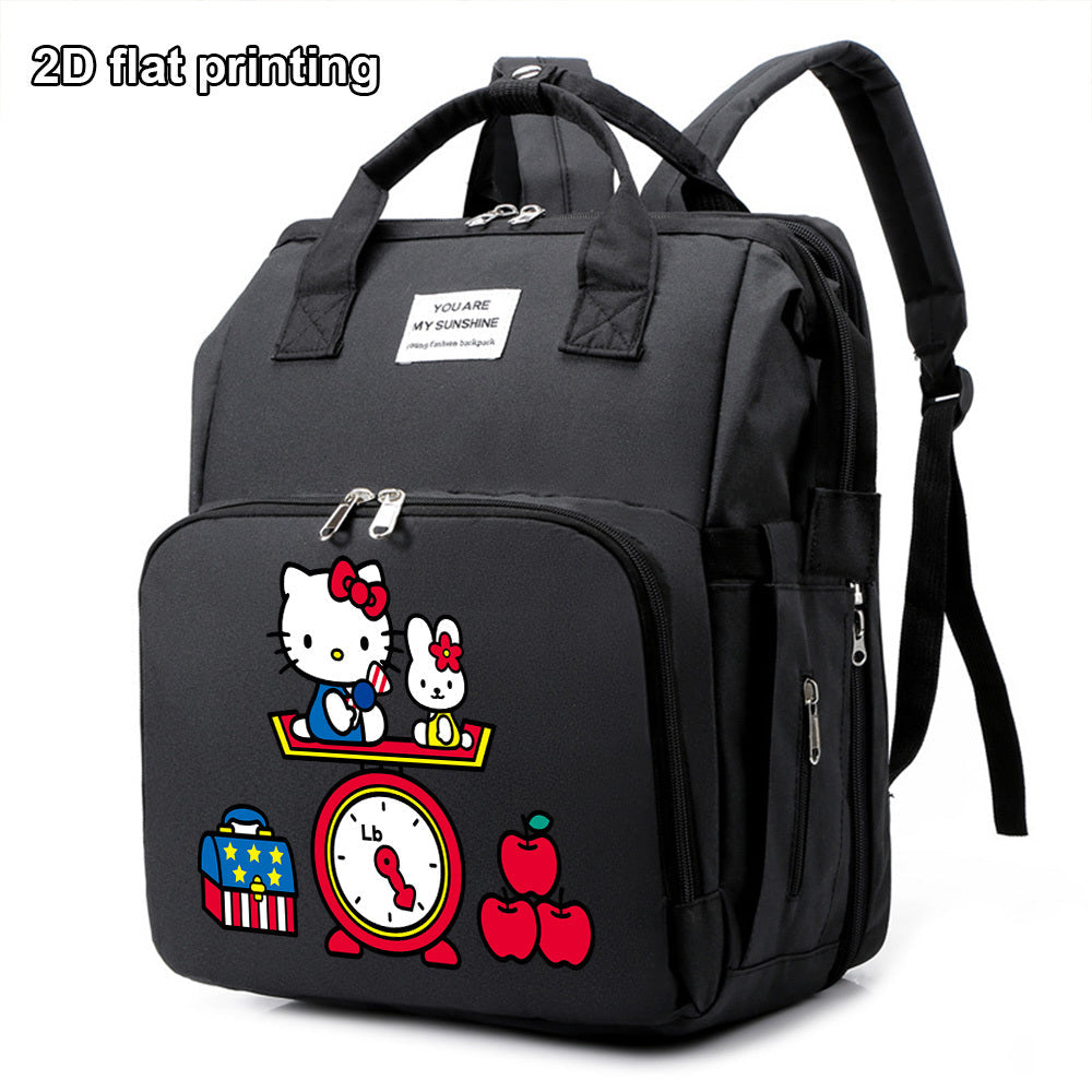 Cute Cartoon Kitty Print Diaper Backpack, Large Capacity Baby Bag for Travel & Daily Outing, Stylish Mom & Dad Baby Bag, Black Purple & Grey