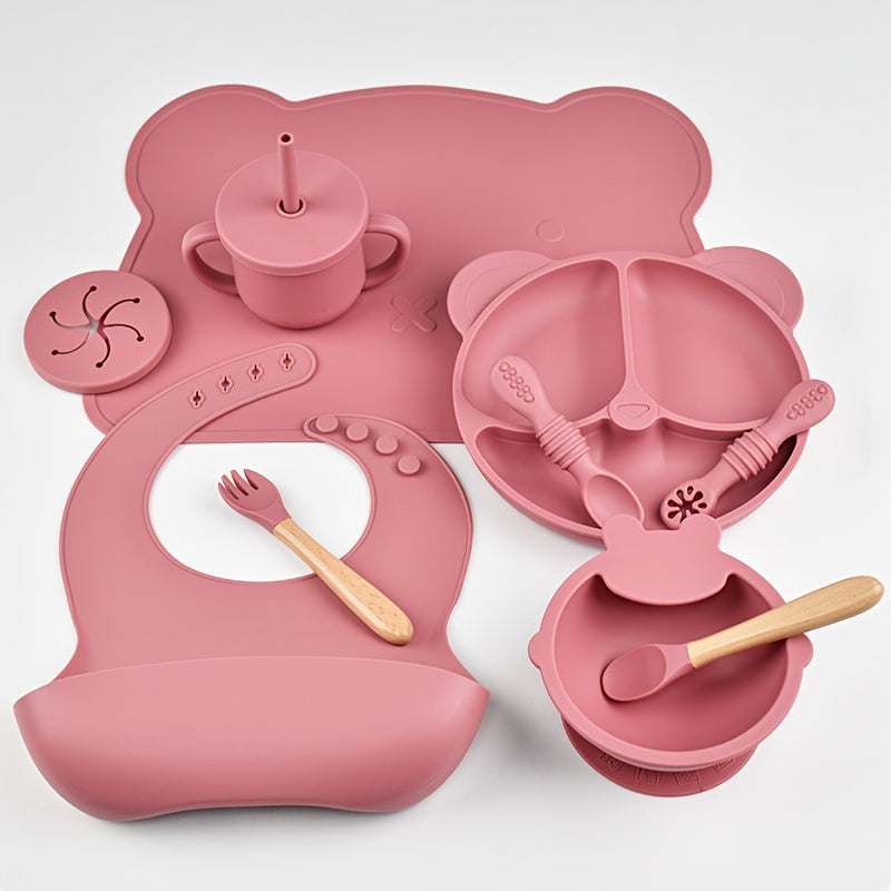 10-Piece Baby Toddler Silicone Tableware Set for Ages 1-3, Complete Feeding Set with Silicone Dinner Plate Fork Spoon Suction Cup Bowl Bib Snack Cup & 2-in-1 Straw Cup, BPA-Free Baby Mealtime Essentials
