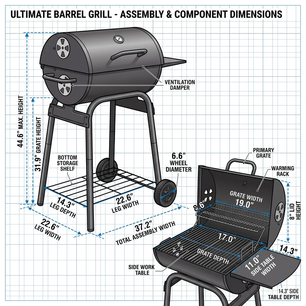 Barrel Charcoal Grill with Side Table & Bottom Shelf, 33.9"x20.5"x40.6", 4-Level Adjustable Charcoal Pan, Dual Air Dampers, Built-In Thermometer, Chrome Grates, 2 Wheels, for Backyard, Patio & Camping BBQ