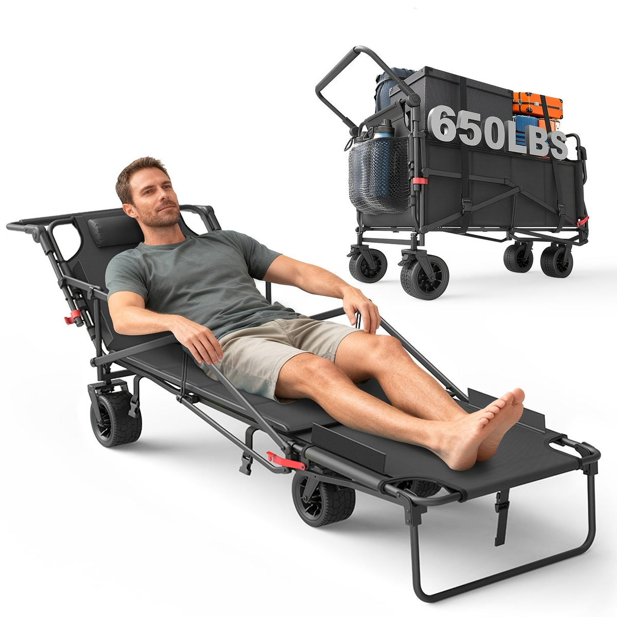 Heavy Duty Folding Wagon 2-in-1 Collapsible Cart and Beach Chair 400 420 650LBS Capacity All-Terrain 360 Swivel Wheels with Brakes Side Pockets for Camping Beach Groceries