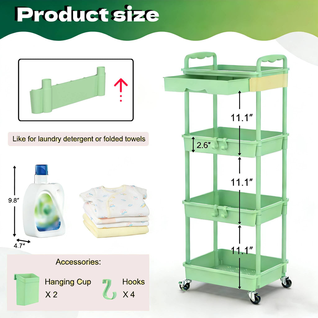 3-Tier & 4-Tier Mobile Nursery Storage Cart on Wheels, Space-Saving Rolling Organizer for Nursery & Baby Room Decor, Sturdy with Smooth Wheels, Baby Pink, Green, Blue, Purple, White, Black & Grey