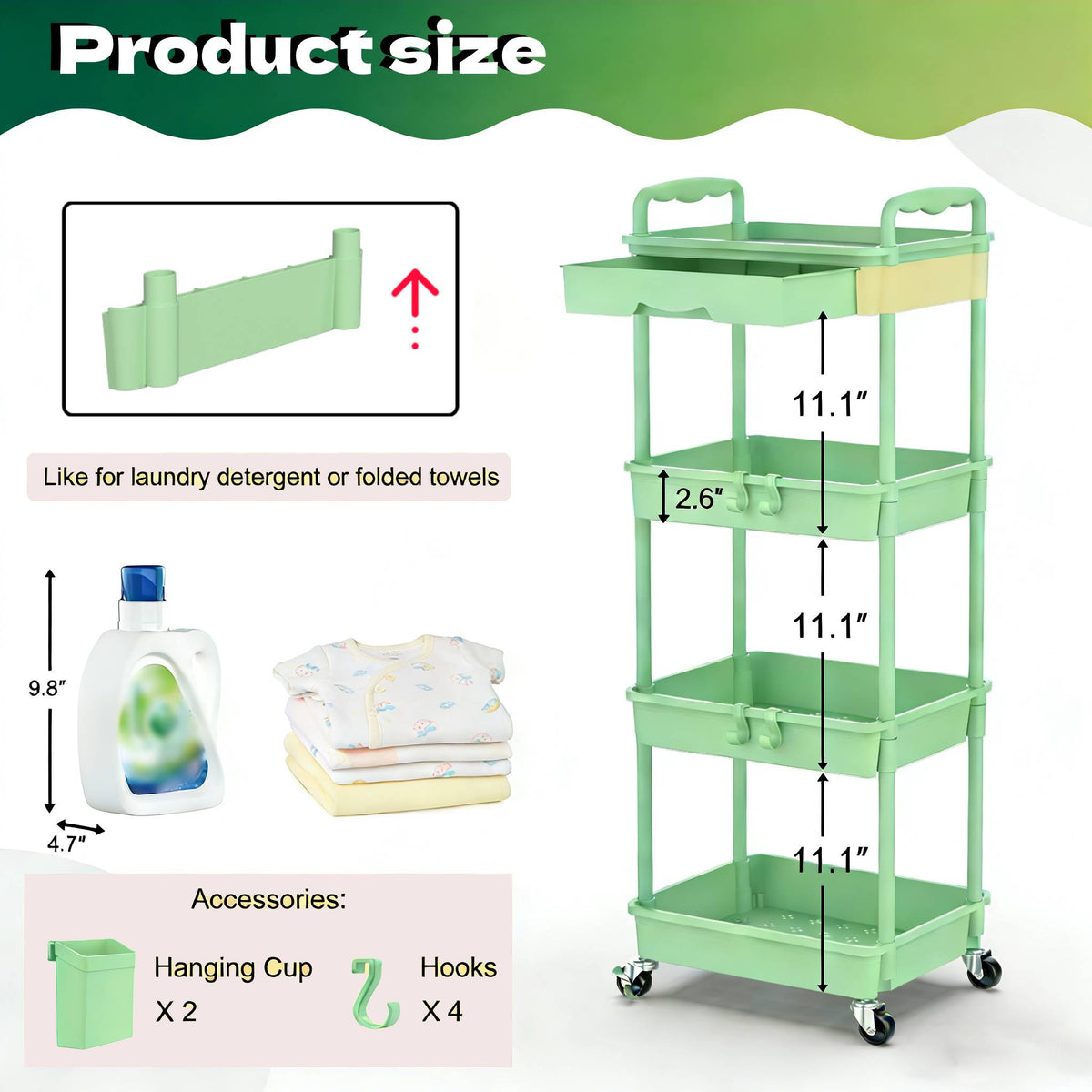 3-Tier & 4-Tier Mobile Nursery Storage Cart on Wheels, Space-Saving Rolling Organizer for Nursery & Baby Room Decor, Sturdy with Smooth Wheels, Baby Pink, Green, Blue, Purple, White, Black & Grey