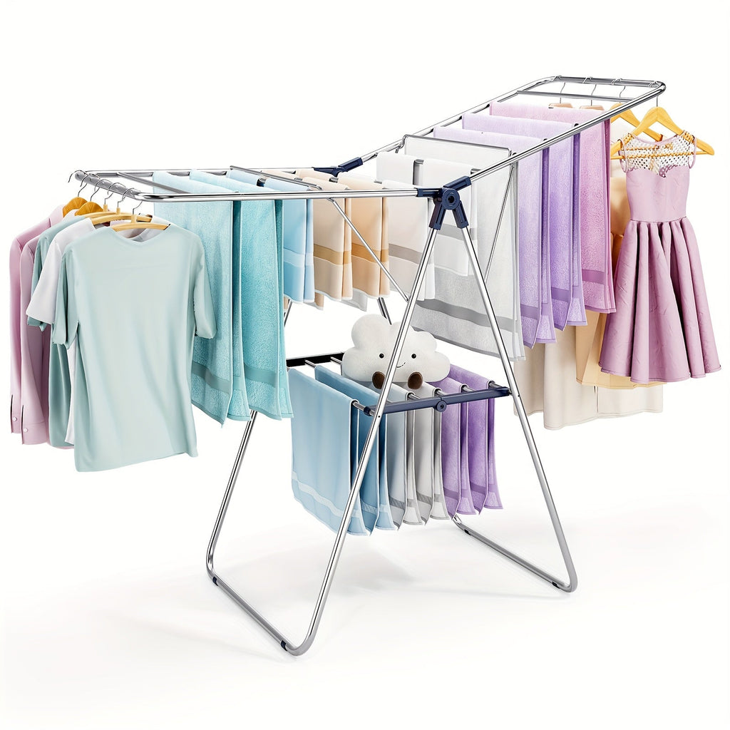 Foldable Laundry Drying Rack Two-Tier with Adjustable Wings – Clothes & Towel Drying Stand for Indoor Outdoor Home Use Space-Saving Collapsible Design