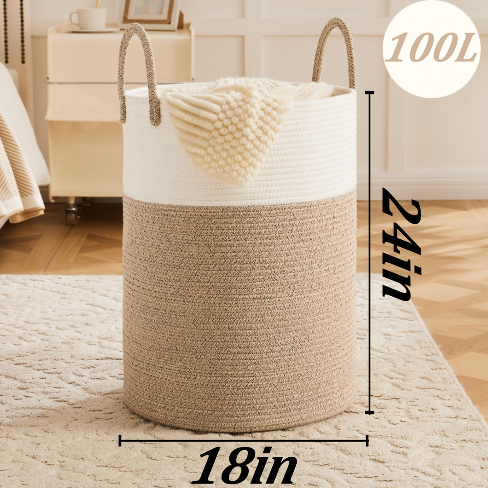 Collapsible Cotton Rope Woven Laundry Basket, Natural Elegant Laundry Hamper for Bathroom Nursery & Living Room, Versatile Storage for Clothes Toys & Blankets, 40L 60L 80L 100L, 9 Colors