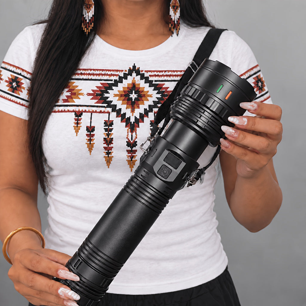 High-Power LED Tactical Flashlight with Shoulder Strap - Adjustable Beam, USB Rechargeable, Lightweight ABS for Camping, Travel, Emergency & Patrol