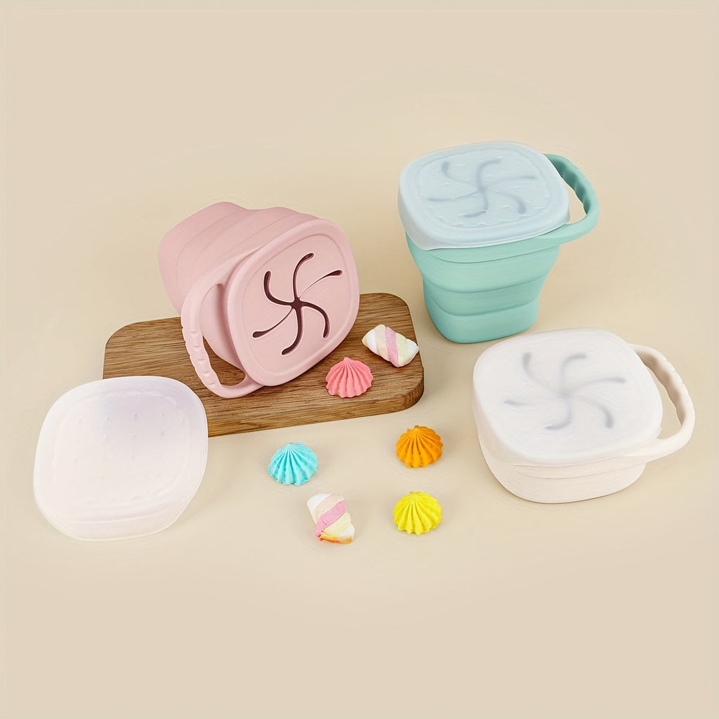 TYRY.HU Collapsible Silicone Snack Container for Kids, Space-Saving Food-Grade Portable Snack Cup with Dustproof Lid, Dishwasher Safe, 3 Colors Including Pink Green & Beige