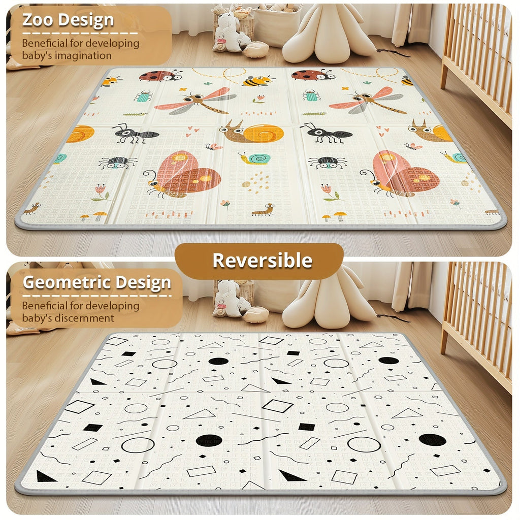 Foldable Safety Foam Baby Play Mat, 50 × 50 × 0.4 Inch Thick Reversible Double-Sided Portable Playpen Floor Mat for Travel & Daycare, Soft Cushioned Baby Activity Mat for Infants & Toddlers, Dragonfly & Geometric