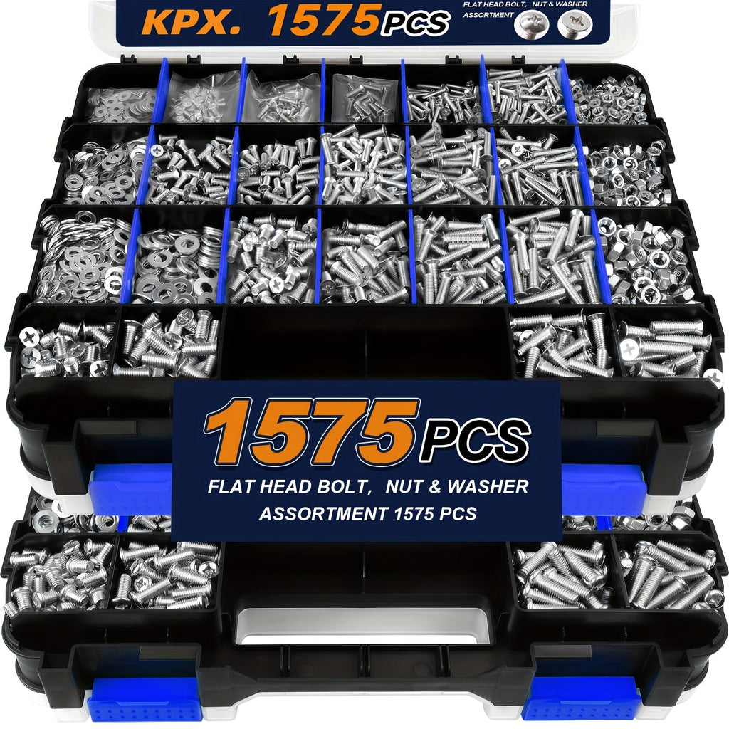 1575-Piece Nut & Bolt Assortment Set - Phillips & Flat Head Screws, Nuts, Bolts & Washers with Double-Sided Storage Case - 10 Colors