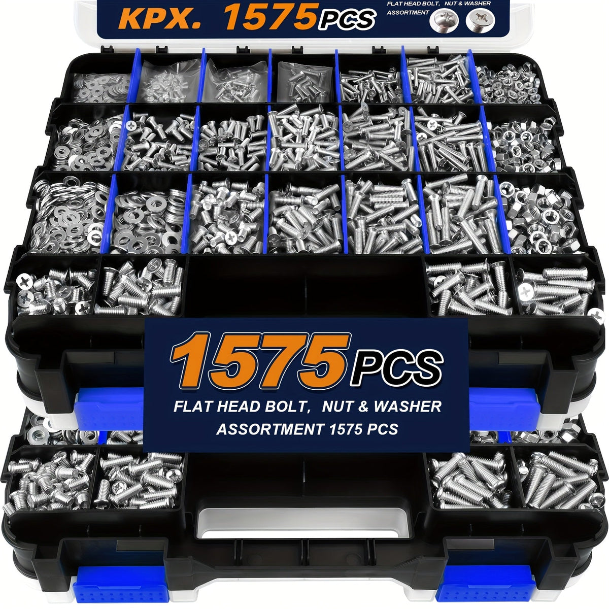 1575-Piece Nut & Bolt Assortment Set - Phillips & Flat Head Screws, Nuts, Bolts & Washers with Double-Sided Storage Case - 10 Colors