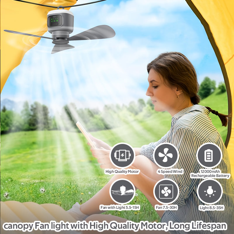 12000mAh Camping Fan with LED Light & Remote Control - 4 Speeds, 8-Hour Timer, Up to 30 Hours Runtime, Rechargeable Battery Ceiling Fan for Tent Outdoor Indoor Bedroom - Grey
