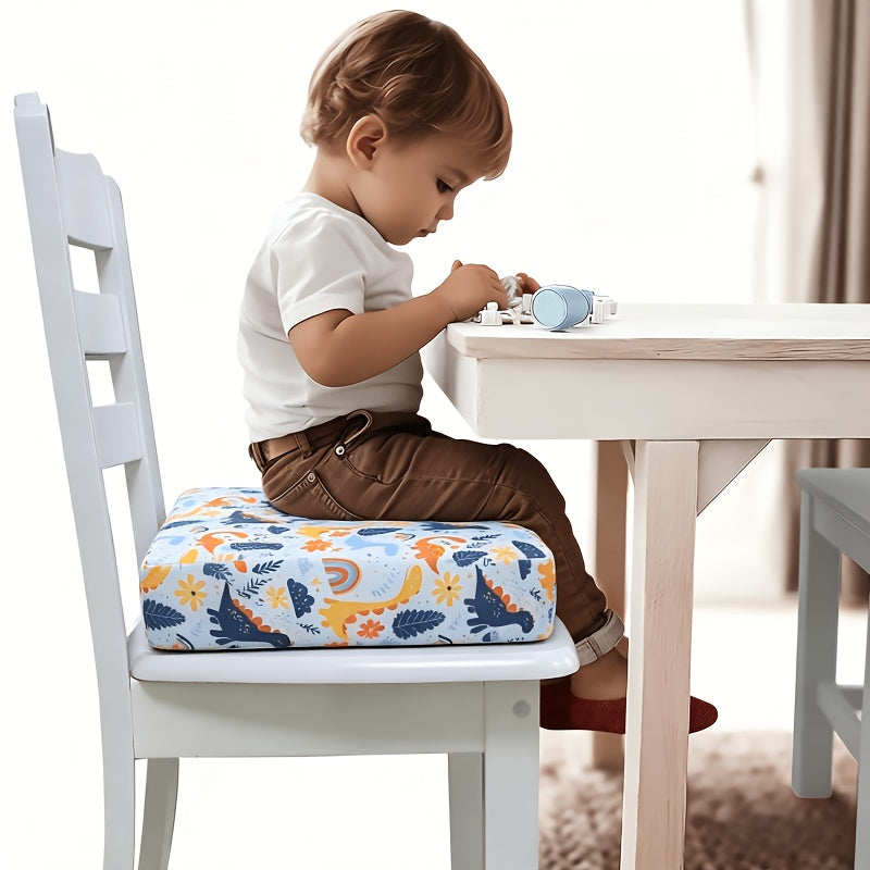 Portable Kids Dining Booster Seat Cushion, Cartoon Animal Dinosaur World Print High Density Foam Non-Slip Safe Chair Pad with Detachable Cover, Fits Most Chairs for Home Outdoor & Bench Use