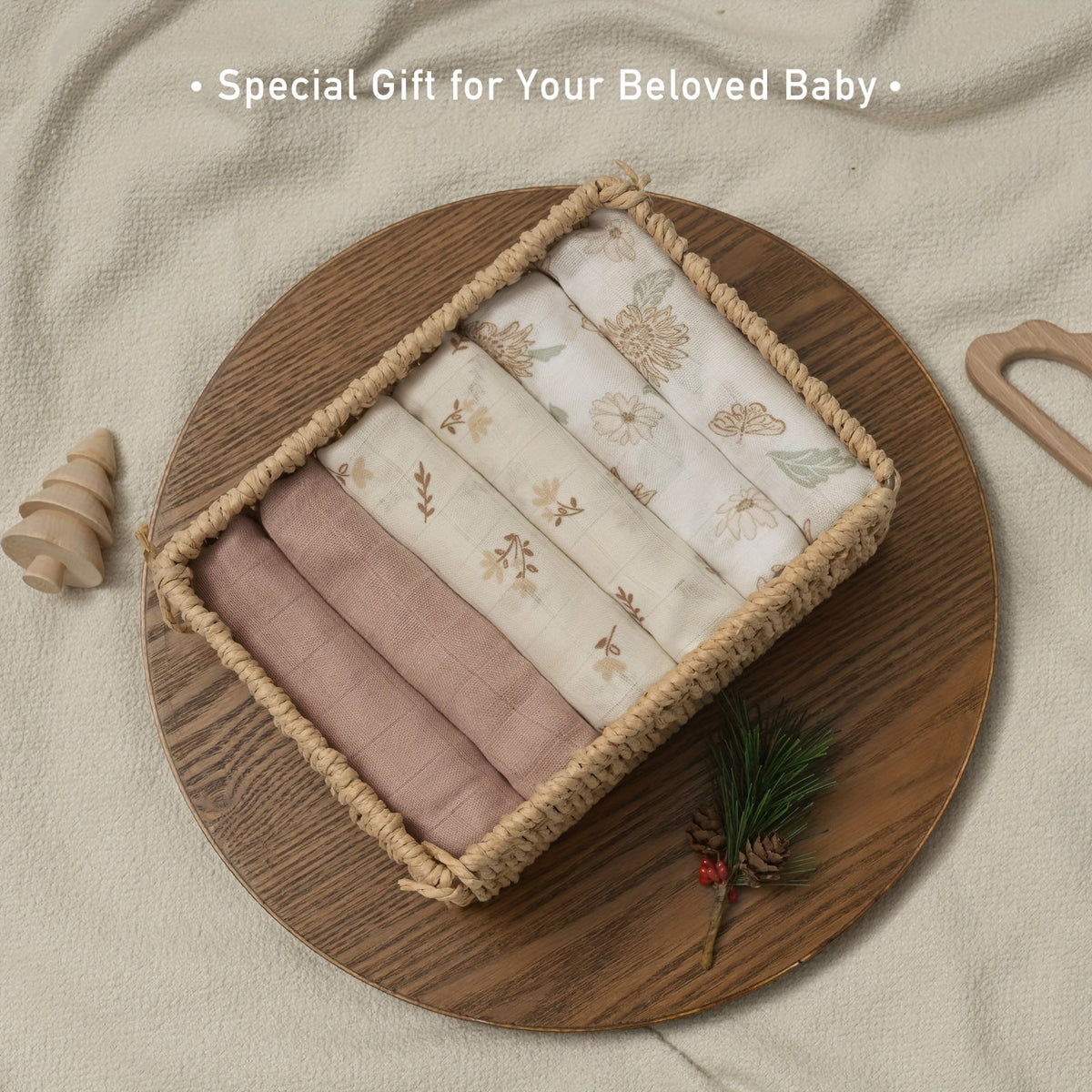 6-Piece Baby Muslin Blanket Set, Super Soft Receiving Blankets for Newborn Boys & Girls, 5 Designs Including Little Daisy Green Apple Cute Rabbit Cute Bear & White, Christmas Baby Gift Set