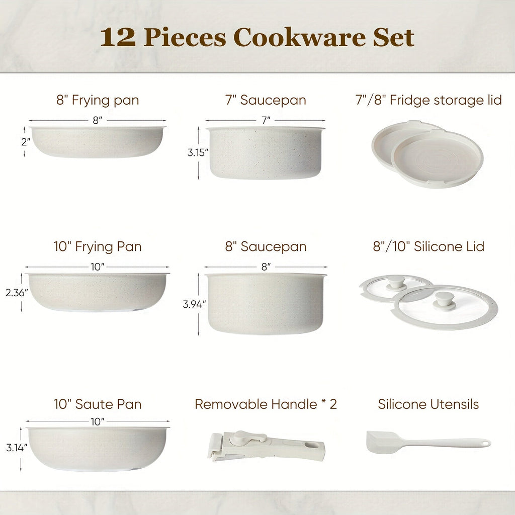 12-Piece Nonstick Ceramic Cookware Set – Induction Ready Frying Pans Saucepans Casserole Detachable Handle Oven Safe Stackable for Home RV & Kitchen in White