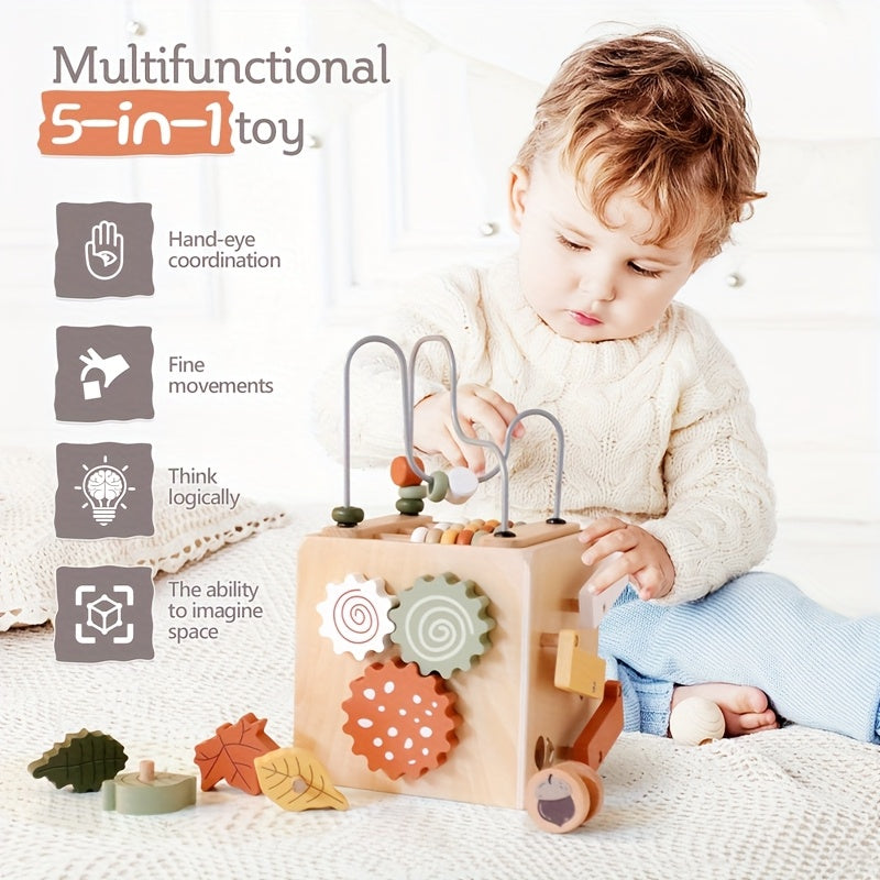 Wooden Forest Fun 4-Sided Beading Activity Toy, Baby Multifunctional Treasure Box Bead Maze, Educational Shape Recognition & Fine Motor Toy for Babies & Toddlers, Christmas Gift