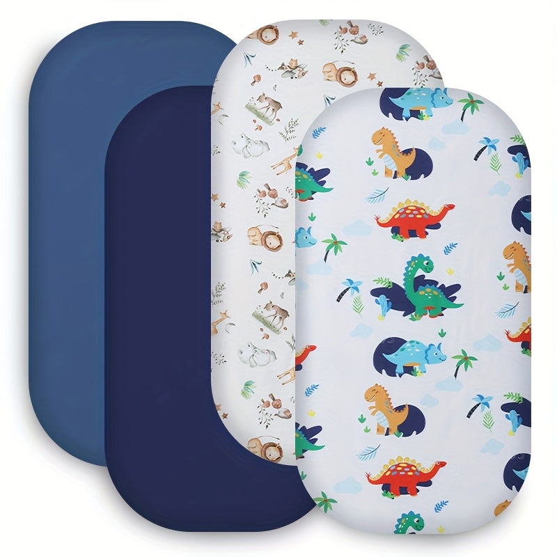 4-Piece Bassinet Fitted Sheet Set, 100% Polyester Soft Baby Sheets in Dinosaur & Lion and Flowers & Butterfly Prints, Blue & Navy Nursery Decor for Newborn Boys & Girls