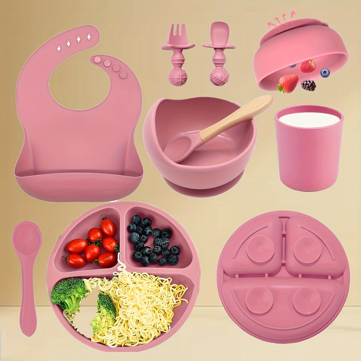 8-Piece Silicone Baby Feeding Set, Suction Bowl, Divider Plate, Spoon, Fork, Sippy Cup & Adjustable Bib, Self-Feeding Toddler Tableware for Ages 0-3, Beige, Dark Green, Gray Blue, Dark Pink & Light Pink