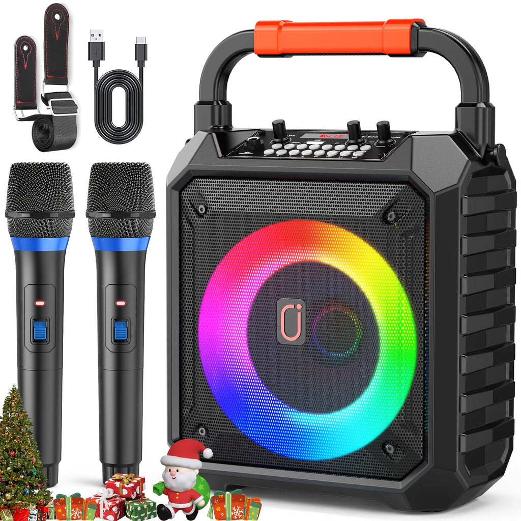 Portable Karaoke Speaker with 2 Microphones & DJ Lights – Wireless PA System with USB AUX Input & Recording for Home Parties & Gatherings
