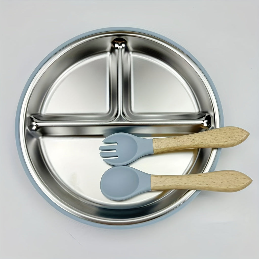 3-Piece Children's Tableware Set, Stainless Steel Plate with Wooden Fork & Spoon for Baby Food & Supplements, Drop-Resistant Easy to Clean, Gray Blue Light Pink & Dark Green, Holiday Gift