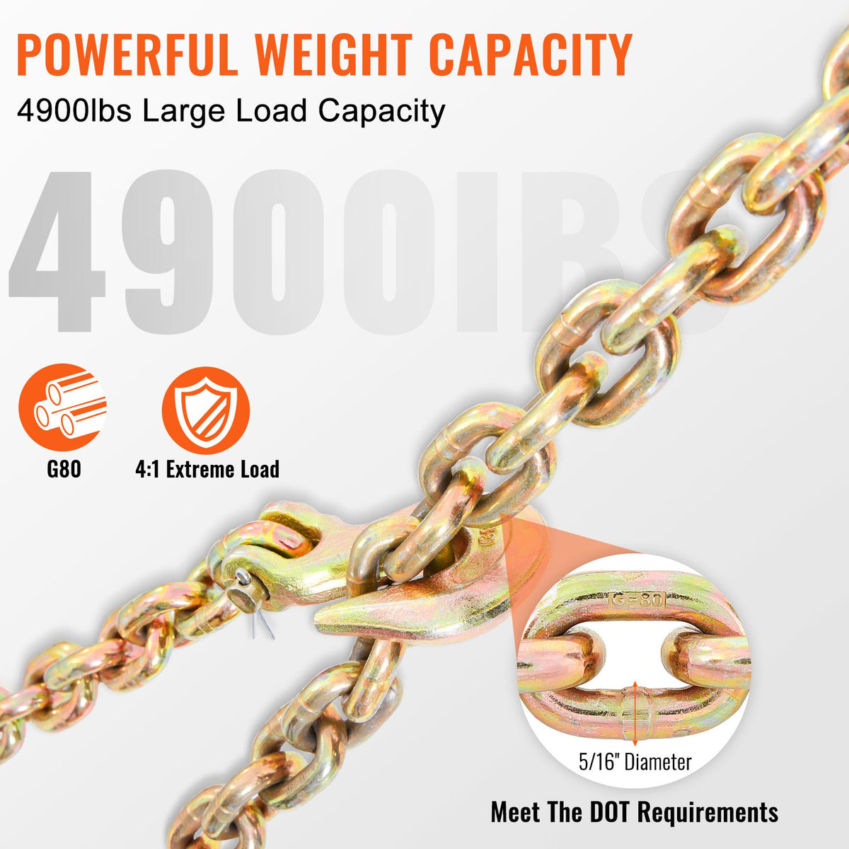 G80 Transport Binder Chain 2-Pack, 5/16"x20FT, 4900 lbs WLL, 4:1 Safety Factor, Grab Hooks, Galvanized Manganese Steel, DOT Compliant, for Towing, Dock, Factory, Construction & Mining