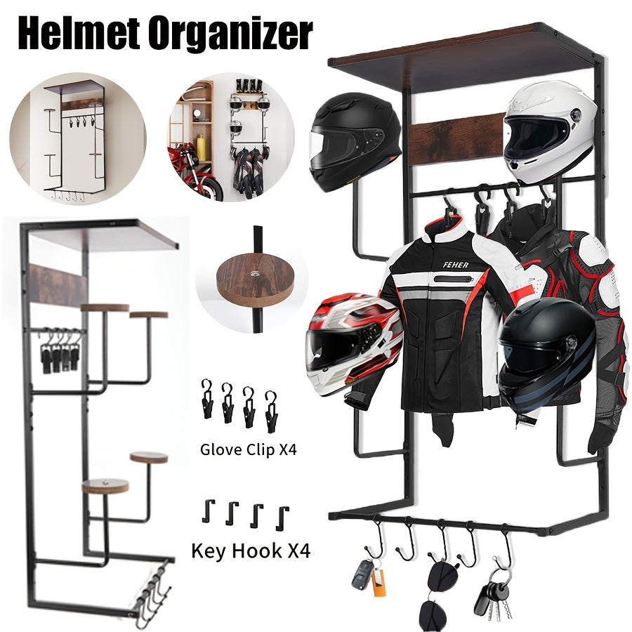 Wall Mounted Motorcycle Helmet Holder - 4 Clips & 4 Hooks, Helmet Rack & Hanger for Motorcycle Accessories Storage - Black