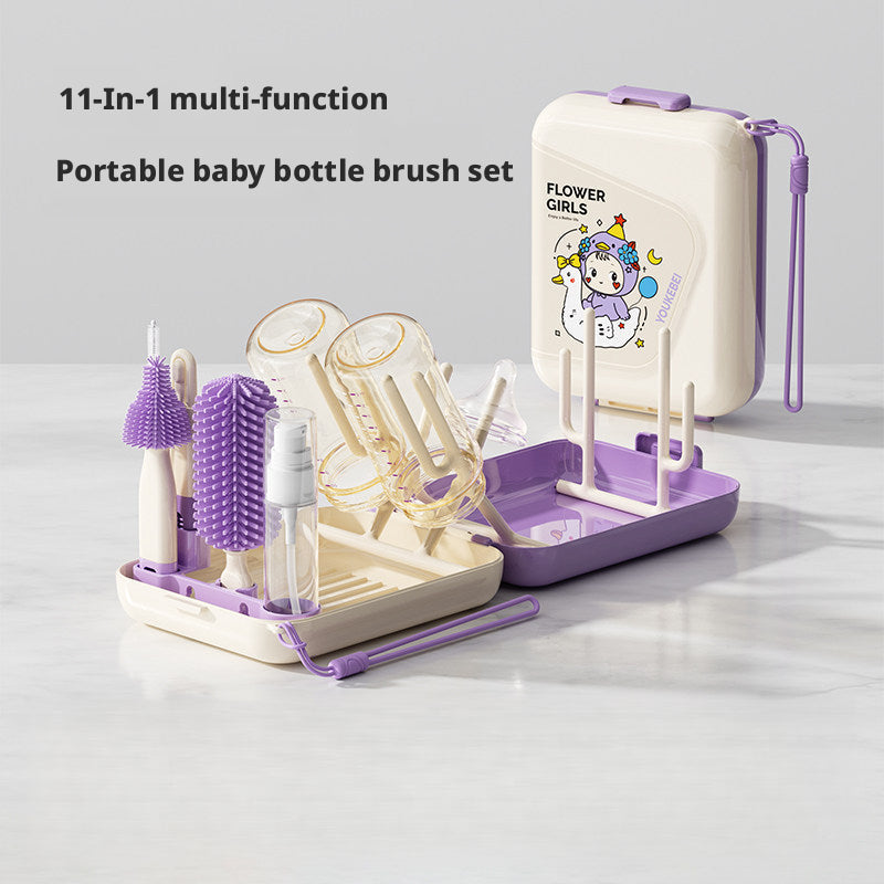 11-in-1 Multifunctional Baby Bottle Brush Cleaning Kit, Portable Travel Set with Nipple Brush, Foldable Stand & Draining Rack for Bottles, 5 Colors