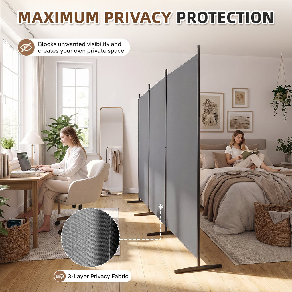 3-Panel Folding Room Divider 72.5" Tall Privacy Screen – Freestanding Portable Partition Wall with Wide Stable Base for Home Office Bedroom Studio Apartment