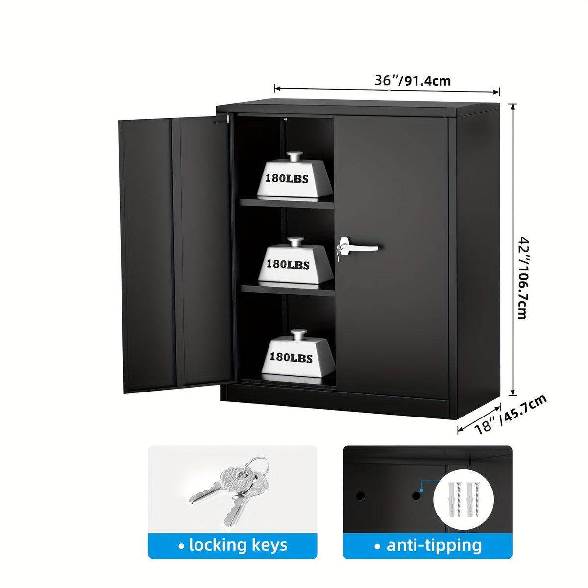 Metal Storage Cabinet 71" or 36" with Lockable Doors & Adjustable Shelves, Heavy Duty Steel Closet Cabinet for Garage Gym Home Office School Organization, Black Red White Pure Black