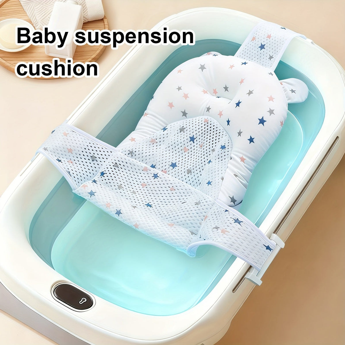 Baby Bath Mat with Star Pattern, 3-Point Adjustable Buckle Safety Baby Bathtub Mat with Breathable Mesh Bottom for Newborns 0–1 Year Old, Non-Slip Infant Bath Support Mat, White Star