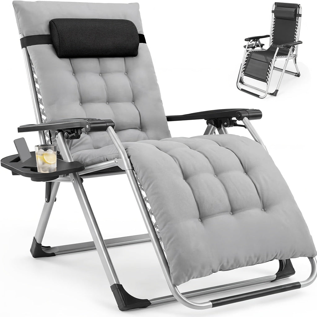 Zero Gravity Recliner Foldable Patio Chair – Removable Cushion & Cup Holder Tray for Beach Patio Poolside Outdoor Lounging