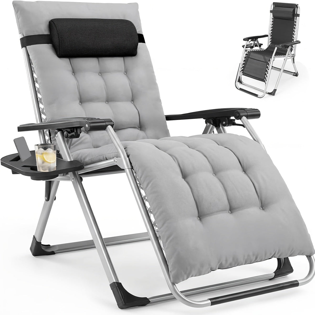Zero Gravity Recliner Foldable Patio Chair – Removable Cushion & Cup Holder Tray for Beach Patio Poolside Outdoor Lounging