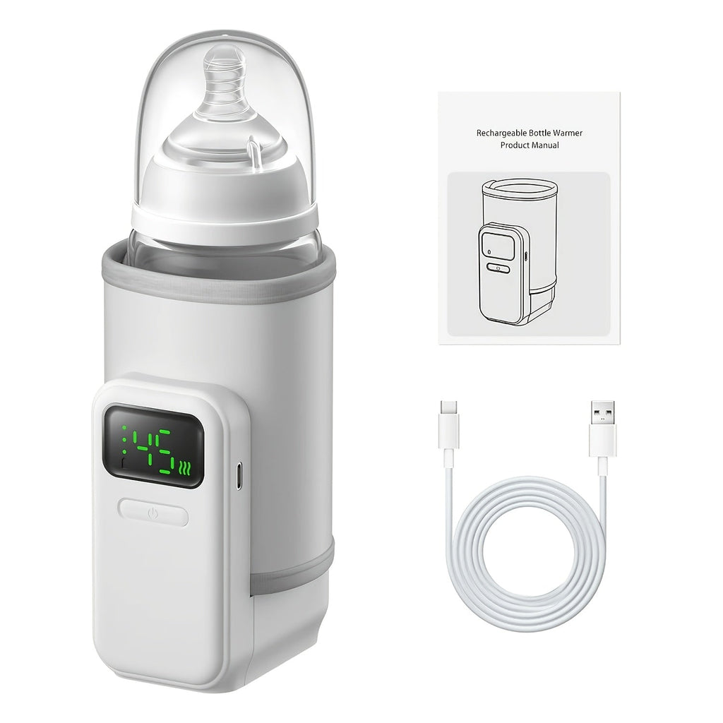 Rechargeable Portable Travel Bottle Warmer, 5000mAh Battery, 6 Temperature Settings, Even Heating & Digital Display, Universal Fit for Breast Milk & Formula, Home & Outdoor Use, White