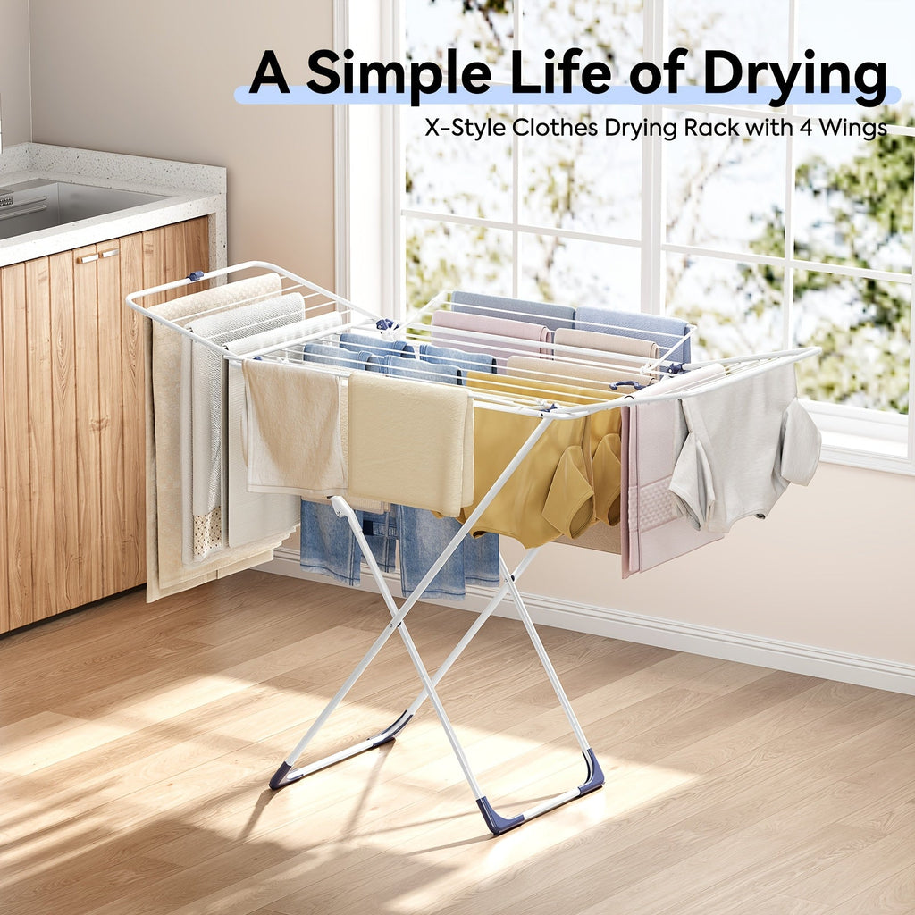 Foldable Clothes Drying Rack 4-Wing Large Capacity – Space-Saving Metal Laundry Airer 55" Free-Standing for Indoor Outdoor Use