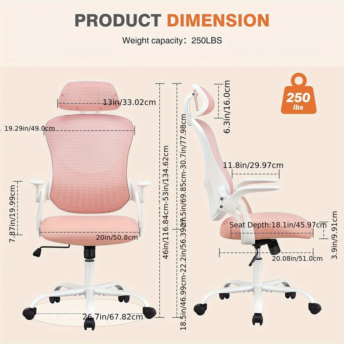 Ergonomic Mesh Office Chair High Back – Adjustable Headrest Lumbar Support Flip-Up Arms 144° Tilt Swivel Computer Chair for Home Office Gaming Study