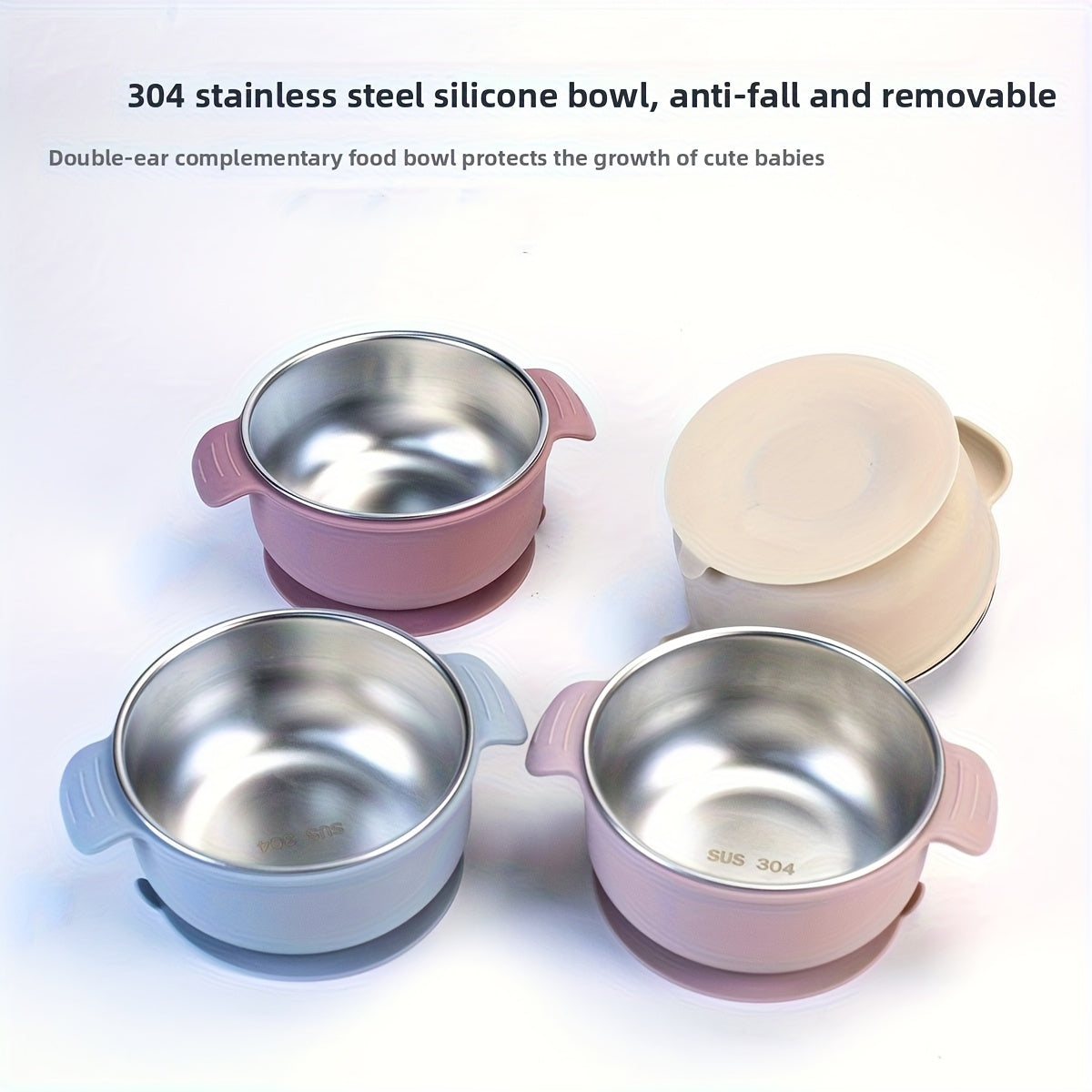 Baby & Toddler Stainless Steel Tableware Set, 304 Stainless Steel Plate Bowl Fork & Spoon, Anti-Fall Anti-Scalding Easy-Clean Children's Mealtime Dining Set, 2 Colors Including Dark Green & Beige