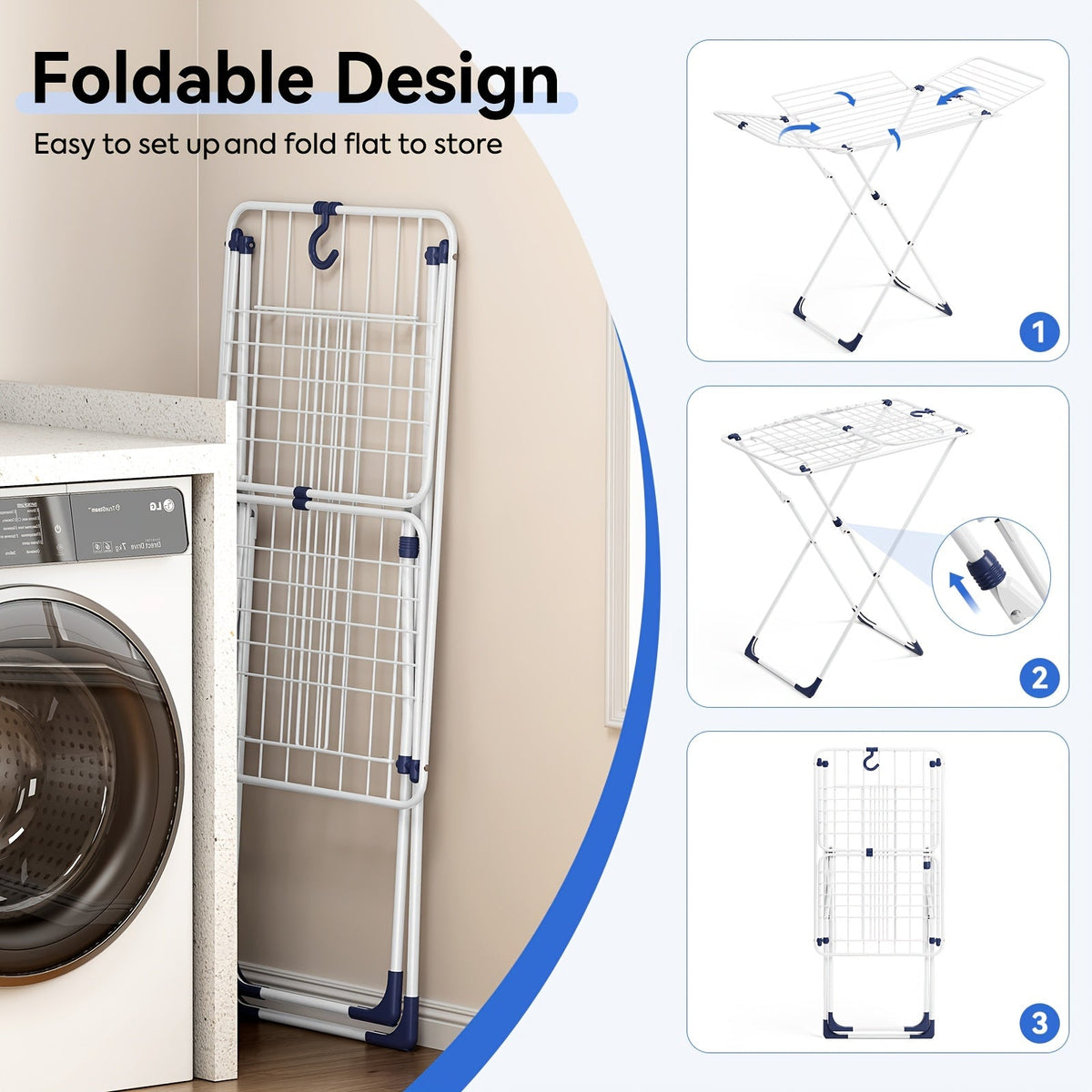 Foldable Clothes Drying Rack 4-Wing Large Capacity – Space-Saving Metal Laundry Airer 55" Free-Standing for Indoor Outdoor Use