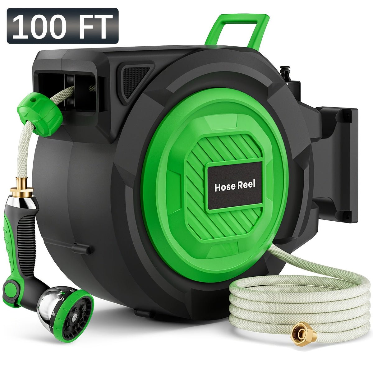 Retractable Garden Hose Reel 100ft/150ft Wall Mounted Auto Rewind, 10 Spray Modes, 3-Layer PVC 200PSI, 180° Swivel for Outdoor Gardening Patio Car Wash & Pet Shower – Freeze-Proof, Brass Fittings