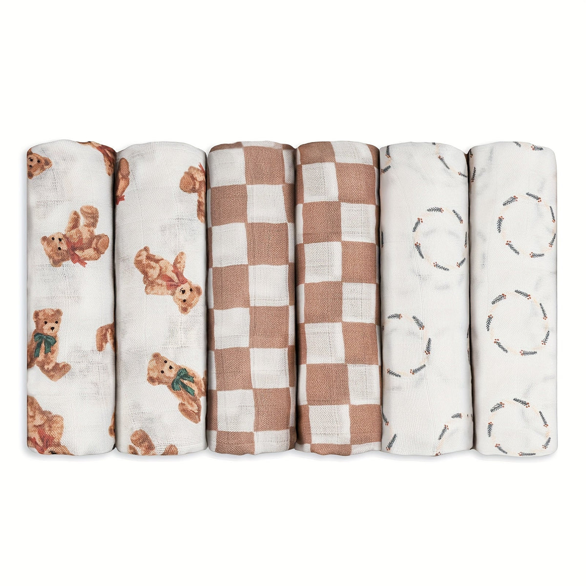6-Piece Baby Muslin Blanket Set, Super Soft Receiving Blankets for Newborn Boys & Girls, 5 Designs Including Little Daisy Green Apple Cute Rabbit Cute Bear & White, Christmas Baby Gift Set