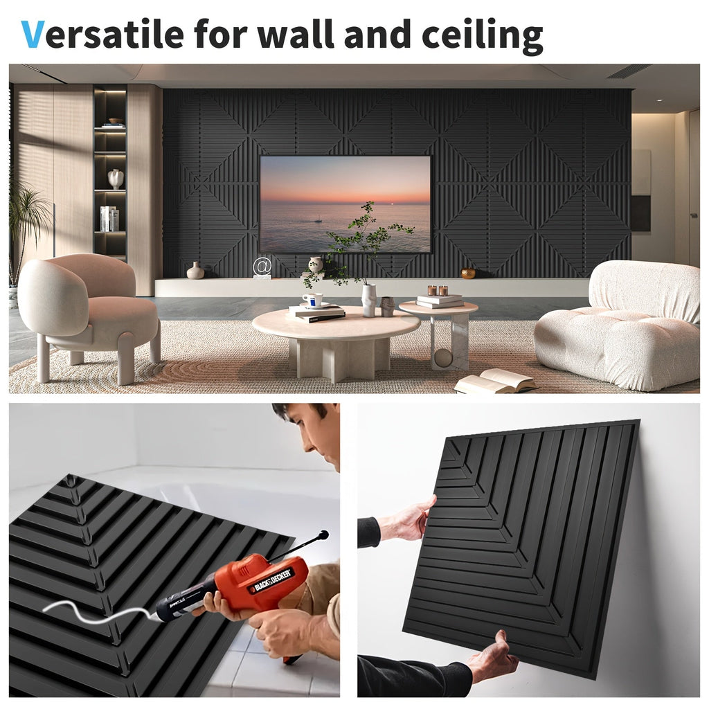 Drop Ceiling Tiles 24"x24" - 12-Pack PVC 3D Textured Panels, 48 Sq Ft, Fits 15/16" T-Bar Suspended Grid or Adhesive, Trimmable - Living Room, Bedroom, Office, Kitchen & Basement - Black