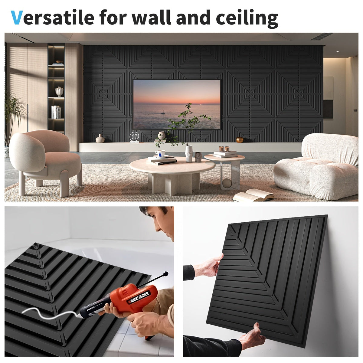 Drop Ceiling Tiles 24"x24" - 12-Pack PVC 3D Textured Panels, 48 Sq Ft, Fits 15/16" T-Bar Suspended Grid or Adhesive, Trimmable - Living Room, Bedroom, Office, Kitchen & Basement - Black