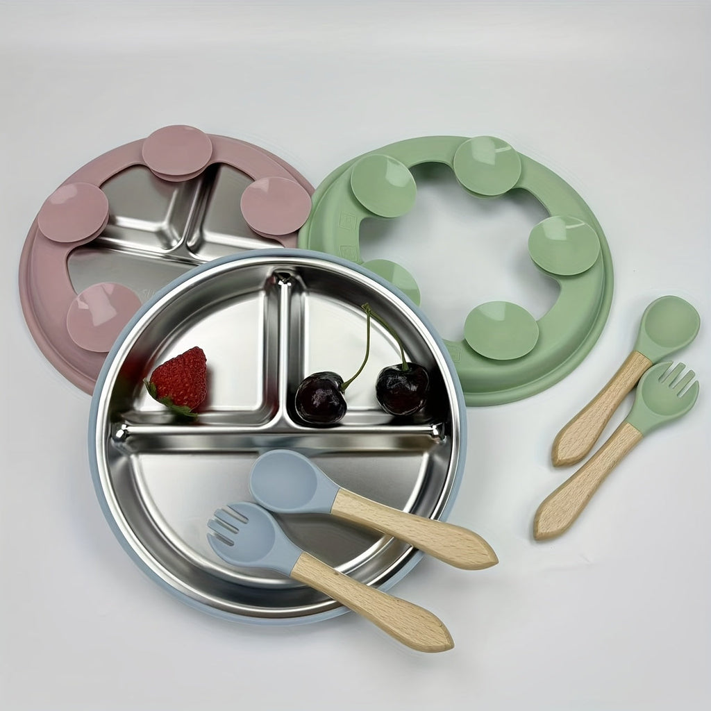 3-Piece Children's Tableware Set, Stainless Steel Plate with Wooden Fork & Spoon for Baby Food & Supplements, Drop-Resistant Easy to Clean, Gray Blue Light Pink & Dark Green, Holiday Gift